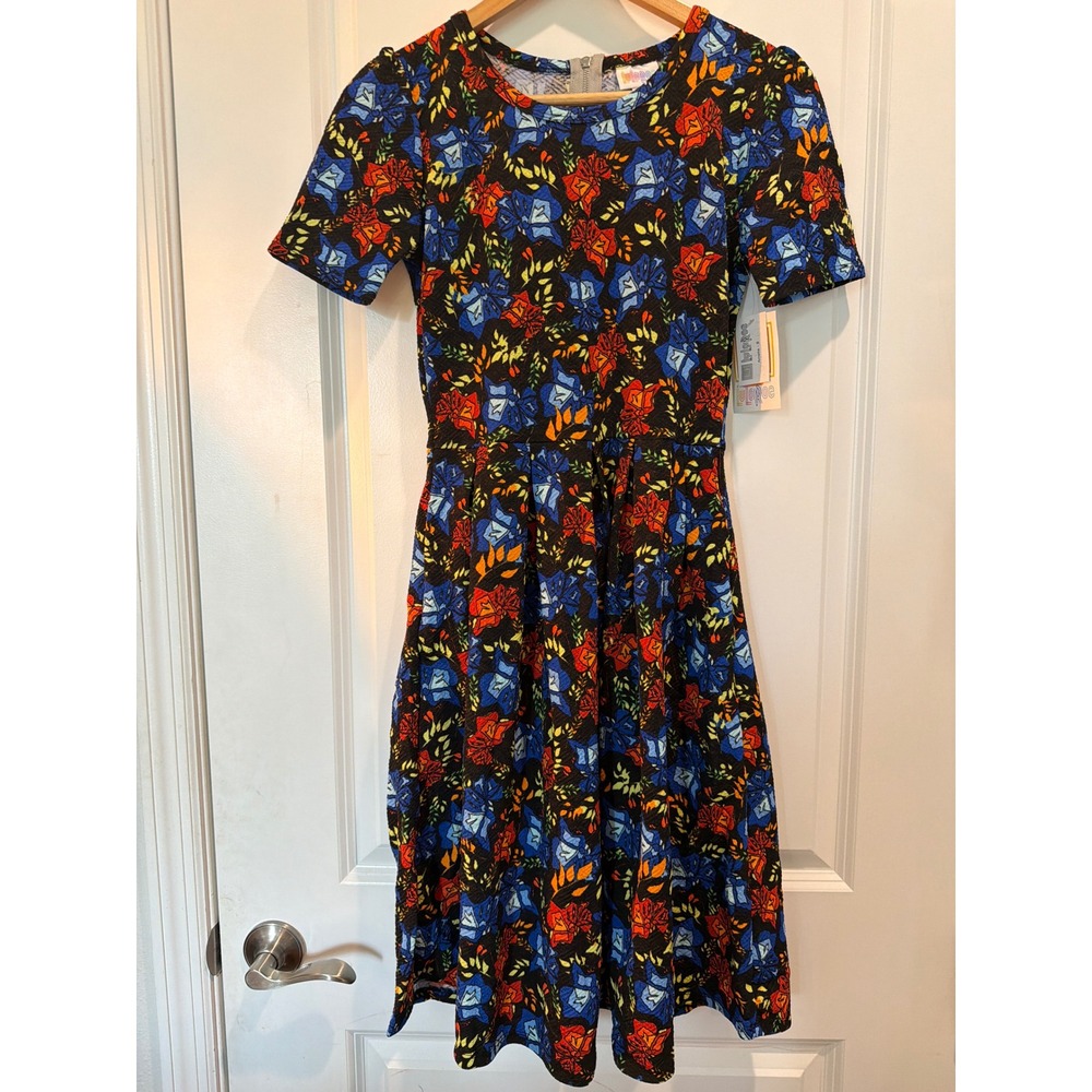 LuLaRoe Amelia Dress Small S Floral Blue Orange Black Short Sleeve Pockets NWT